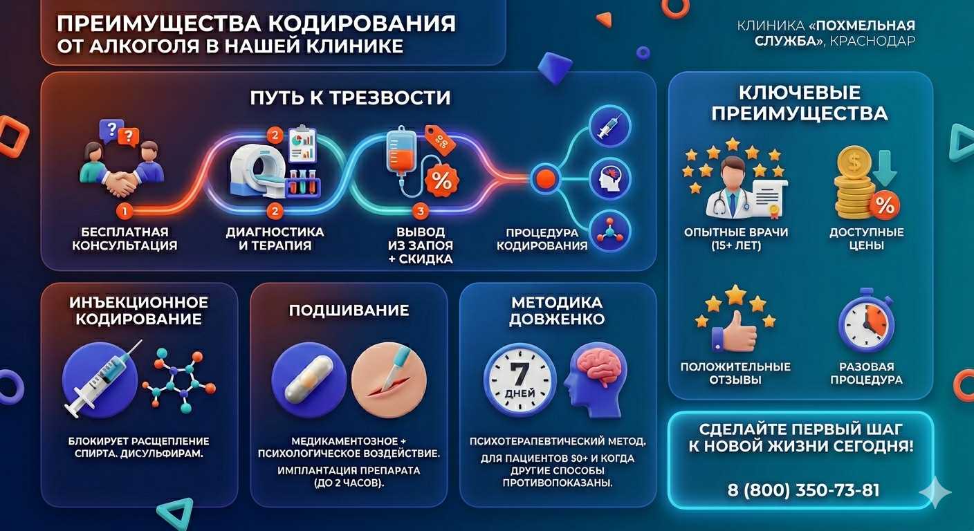 Инфографика о методах кодирования от алкоголя в Песчанокопском: инъекции, подшивание, метод Довженко. Преимущества клиники и этапы лечения.